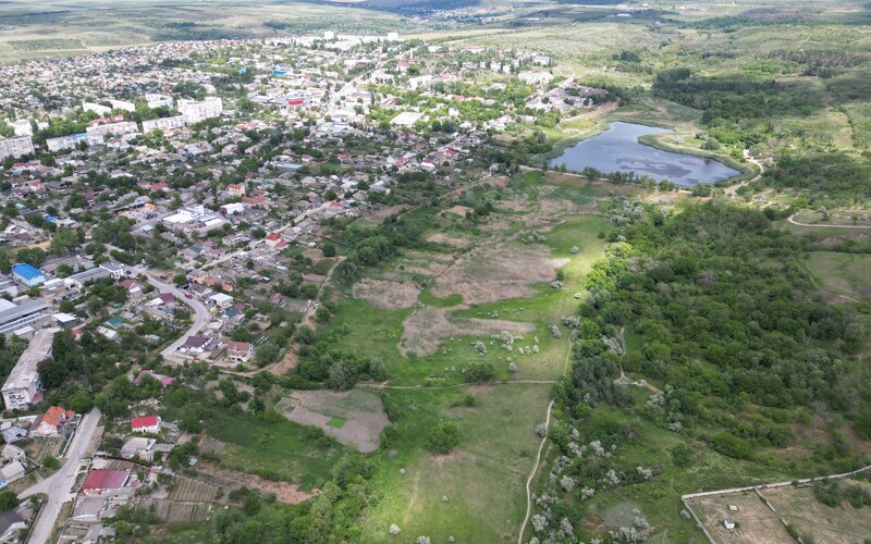 Вид с высоты на посёлок среди полей и перелесков